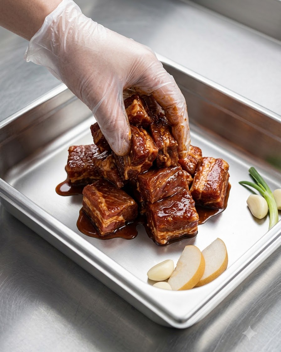 Una mano con guante mezclando y masajeando los ingredientes del adobo a fondo en las costillas de cerdo.