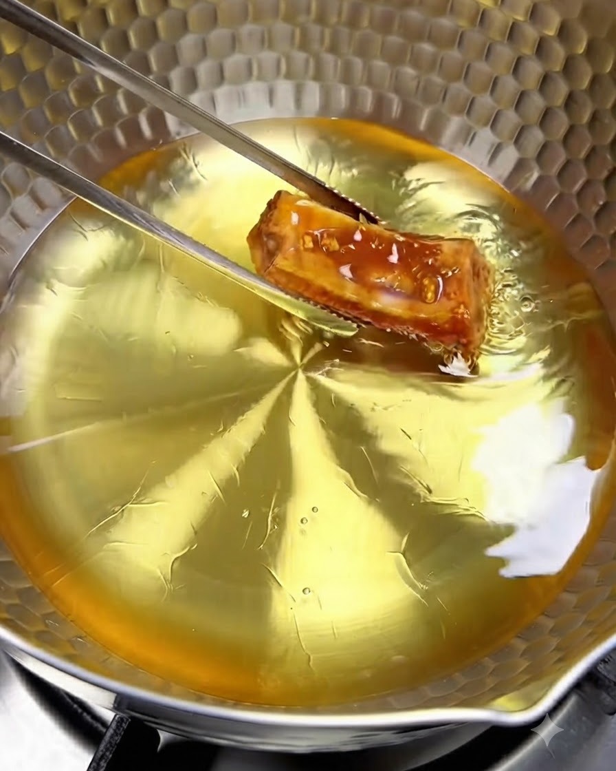 Una costilla de cerdo marinada colocándose en aceite caliente dentro de una sartén de metal usando pinzas.