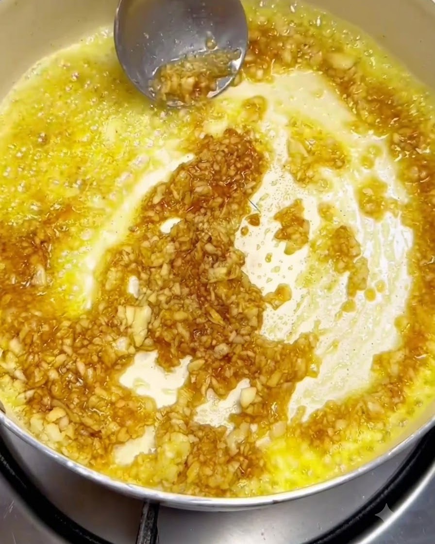 Ajo picado e ingredientes de la salsa batiéndose en mantequilla derretida en una sartén usando un cucharón de metal.