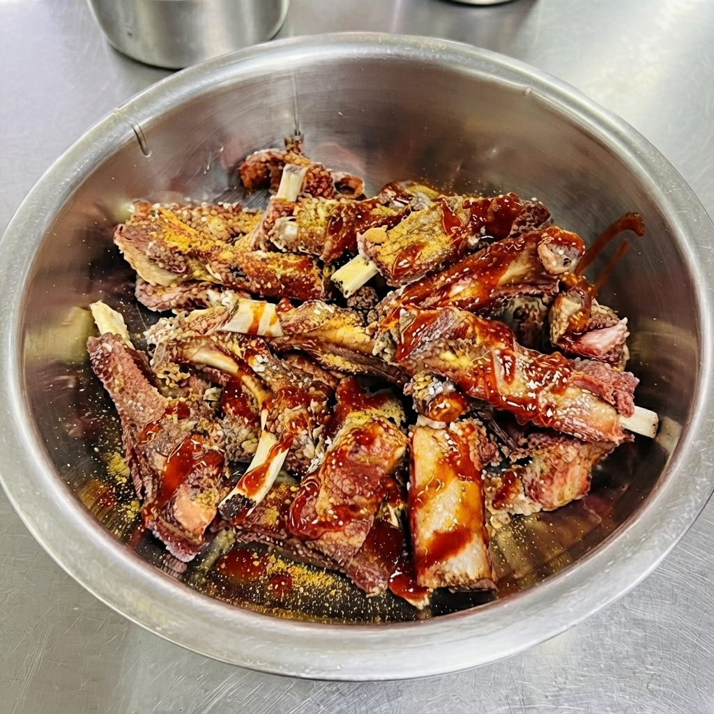 Salsa roja siendo vertida desde una botella exprimible sobre un tazón de costillas de cerdo fritas.