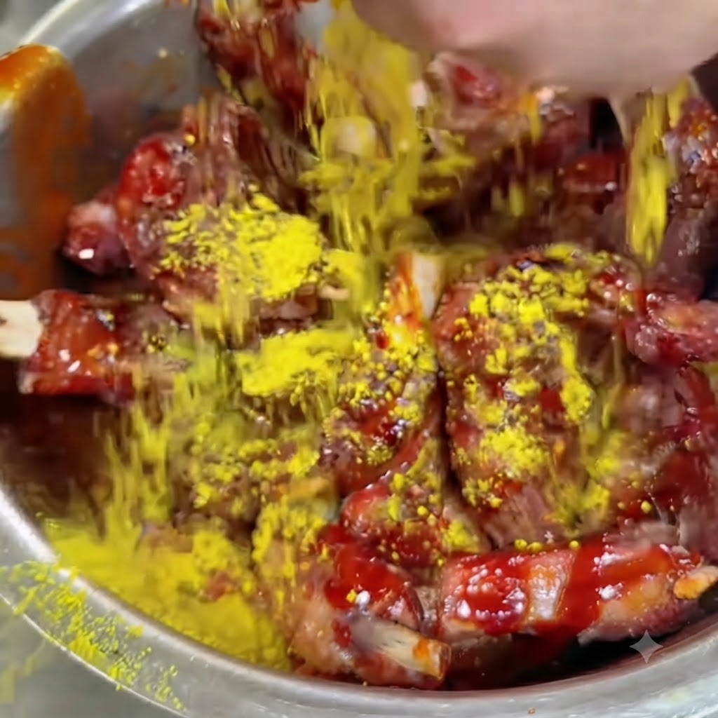 Polvo de condimento amarillo siendo sacudido hacia abajo sobre costillas de cerdo cubiertas de salsa en un tazón.