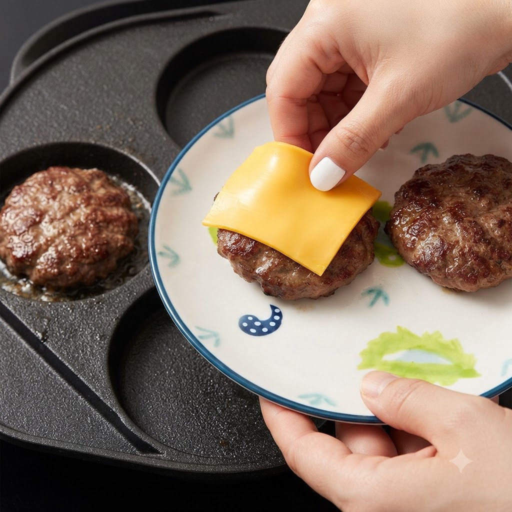 Una mano colocando una rebanada de queso cuadrada y amarilla sobre una hamburguesa cocinada en un plato con patrón.