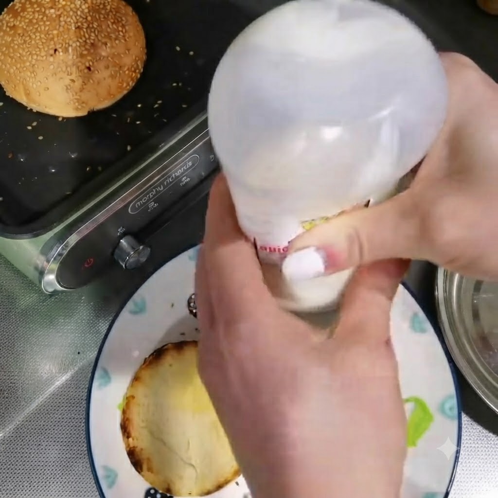 Exprimiendo mayonesa desde un frasco sobre la mitad de un panecillo de hamburguesa tostado en un plato.