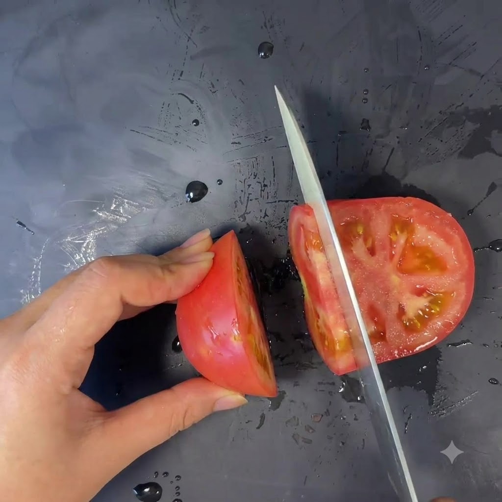 Un tomate siendo cortado en rodajas con un cuchillo de cerámica blanca sobre una superficie oscura.