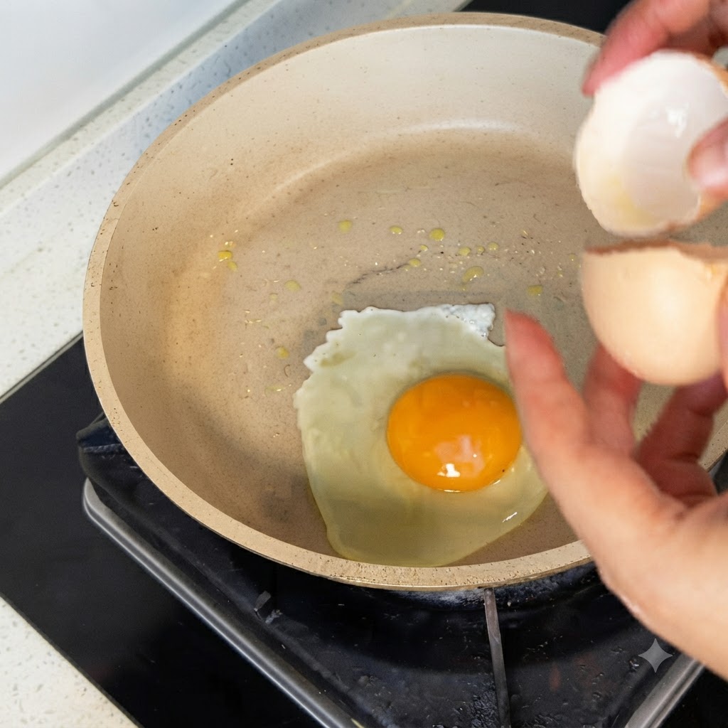 Un huevo rompiéndose en una sartén caliente con la yema centrada.