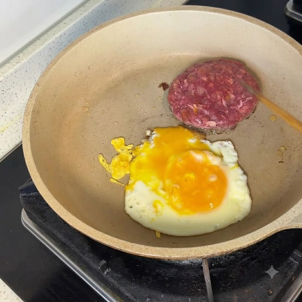 Una hamburguesa cruda de ternera Angus y un huevo frito cocinándose en una sartén con una espátula de madera cerca.