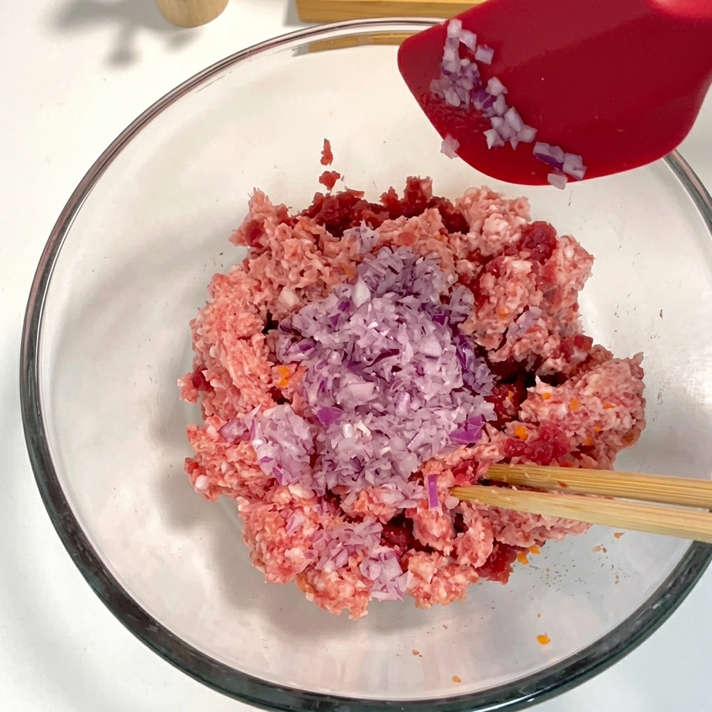 Una espátula de silicona roja raspando cebollas picadas de color púrpura de su superficie directamente en un bol de carne y verduras picadas.