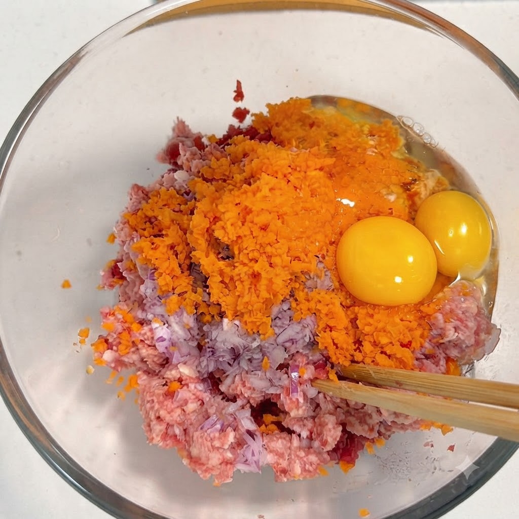 Dos yemas de huevo crudas enteras sentadas sobre zanahorias naranjas ralladas, cebollas moradas y carne picada dentro de un bol de vidrio transparente.