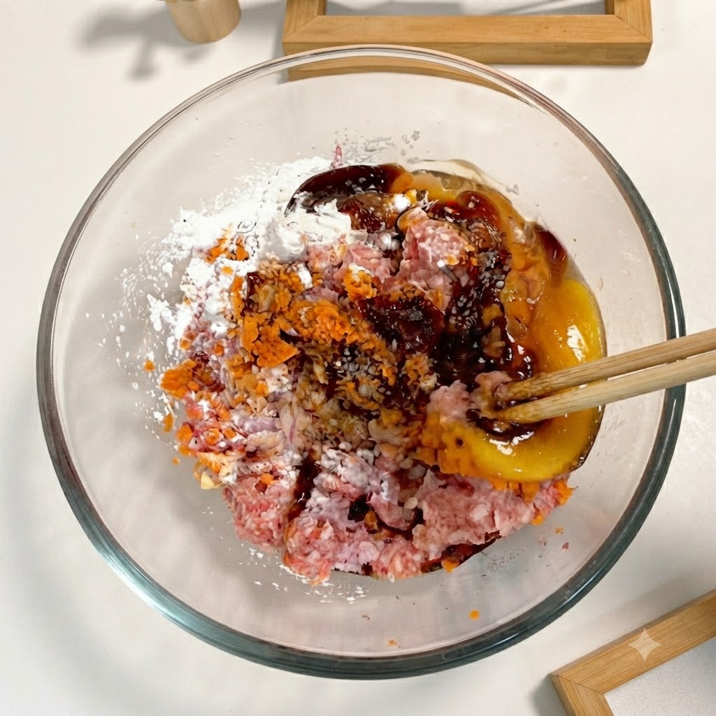 Un par de palillos de madera mezclando salsas oscuras, almidón blanco y otros ingredientes en la mezcla de carne y verduras dentro de un bol de vidrio.