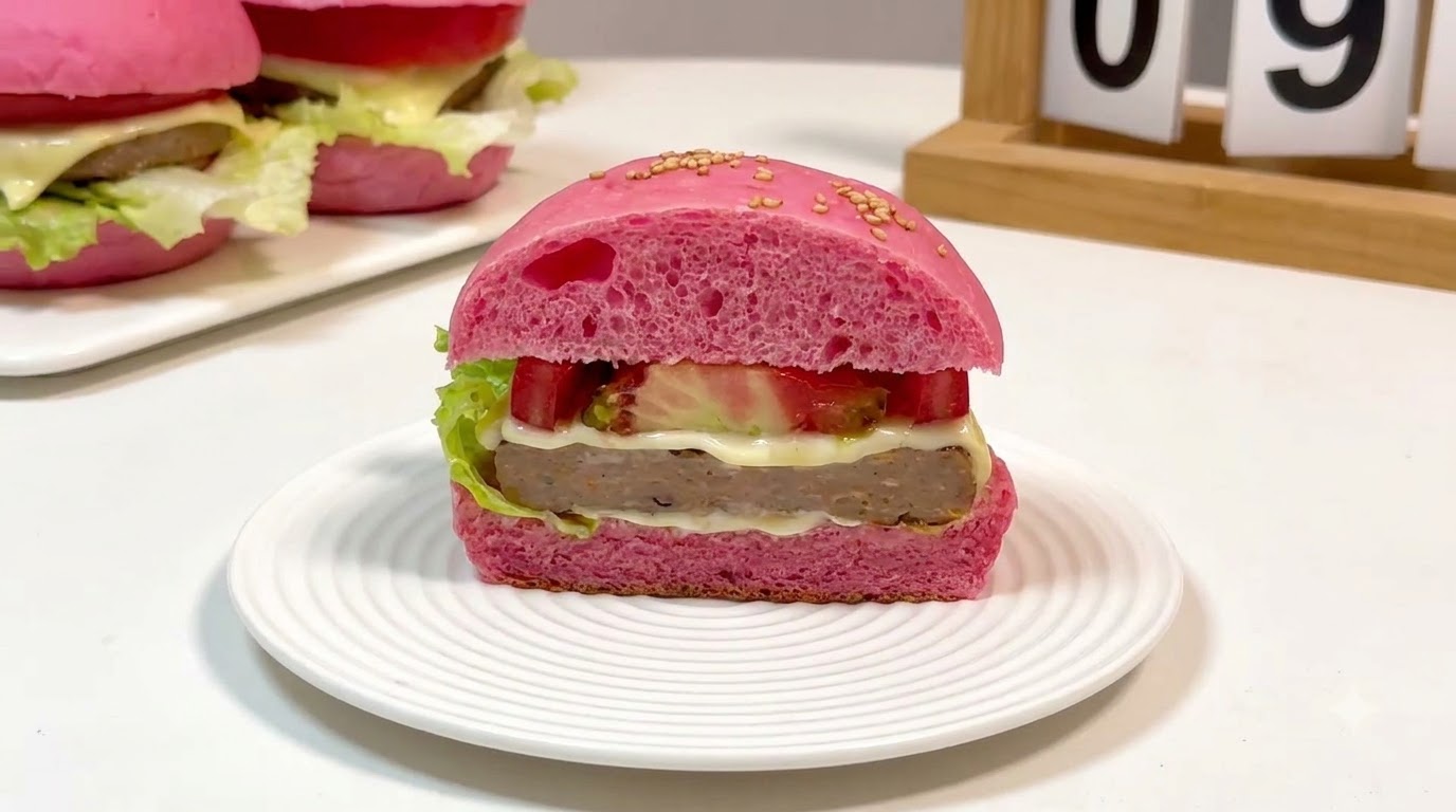 Una vista de cerca de una hamburguesa rosada casera cortada en un plato blanco, revelando capas de carne, queso, tomate y lechuga dentro de un pan rosado.