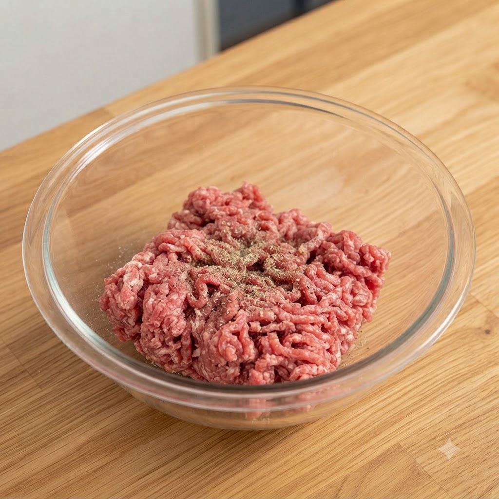 Carne molida en un tazón de vidrio mezclada con pimienta blanca, huevo y trozos de cebolla ablandados.