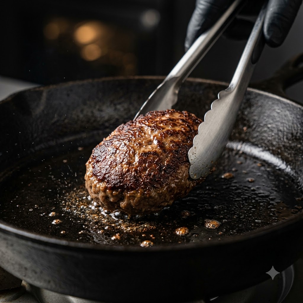 Una hamburguesa de carne moldeada dorándose en una sartén de hierro fundido manipulada con pinzas de metal.