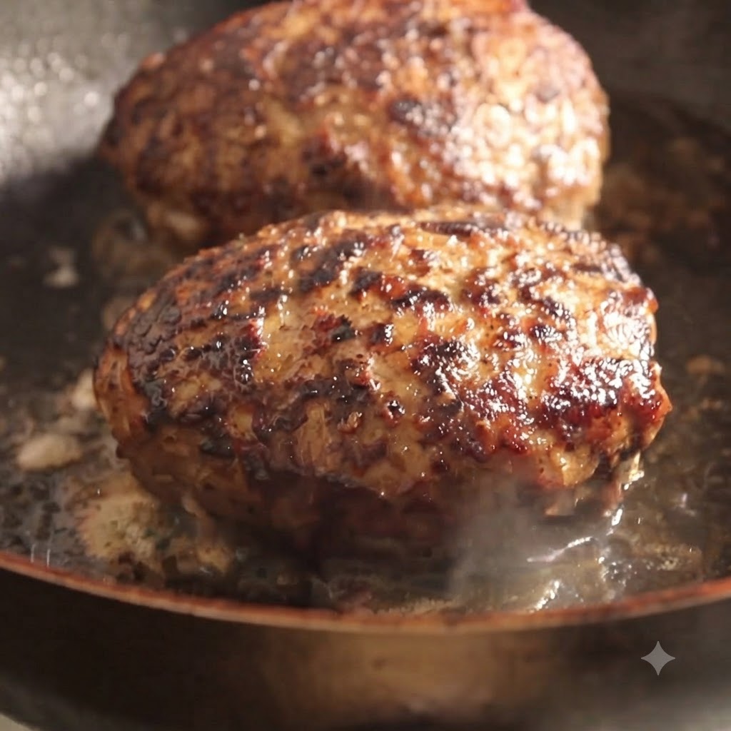 Hamburguesas de carne dorándose en una sartén con agua evaporándose bajo una tapa de vidrio.
