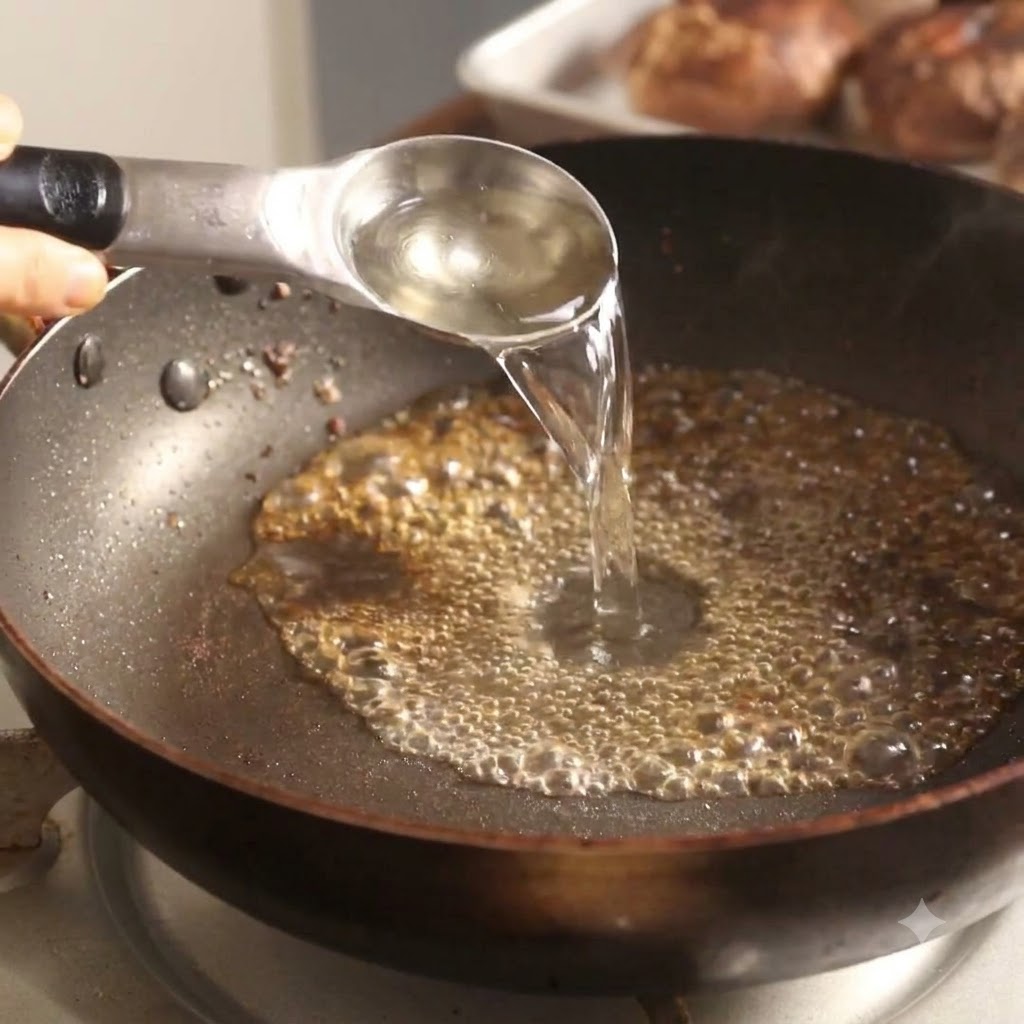 Sake vertiéndose de una cuchara medidora en una sartén caliente con líquido burbujeante.