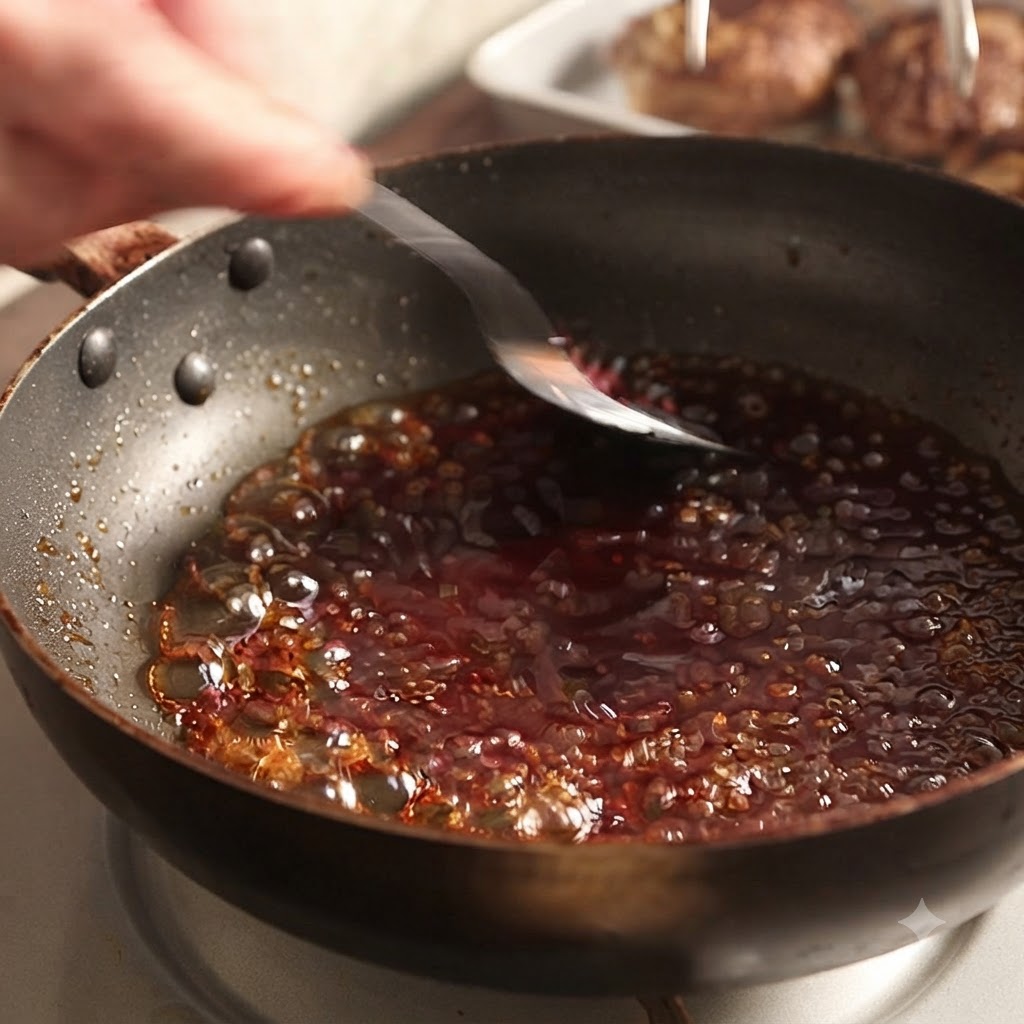 Aguamiel de almidón vertiéndose en una sartén llena de salsa marrón burbujeante y revuelta con una cuchara.