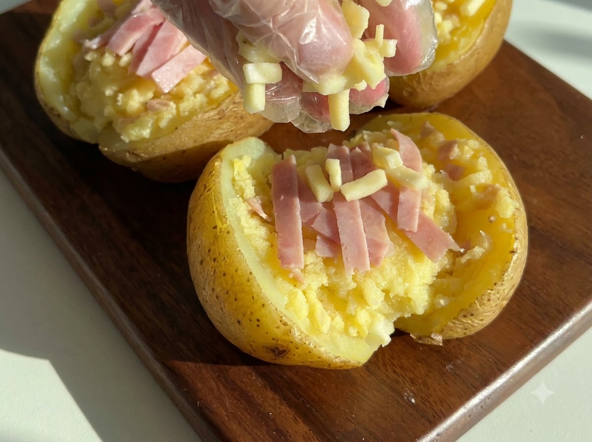 Una mano enguantada espolvoreando queso rallado y jamón picado sobre las cáscaras de papa vaciadas y llenas de puré.