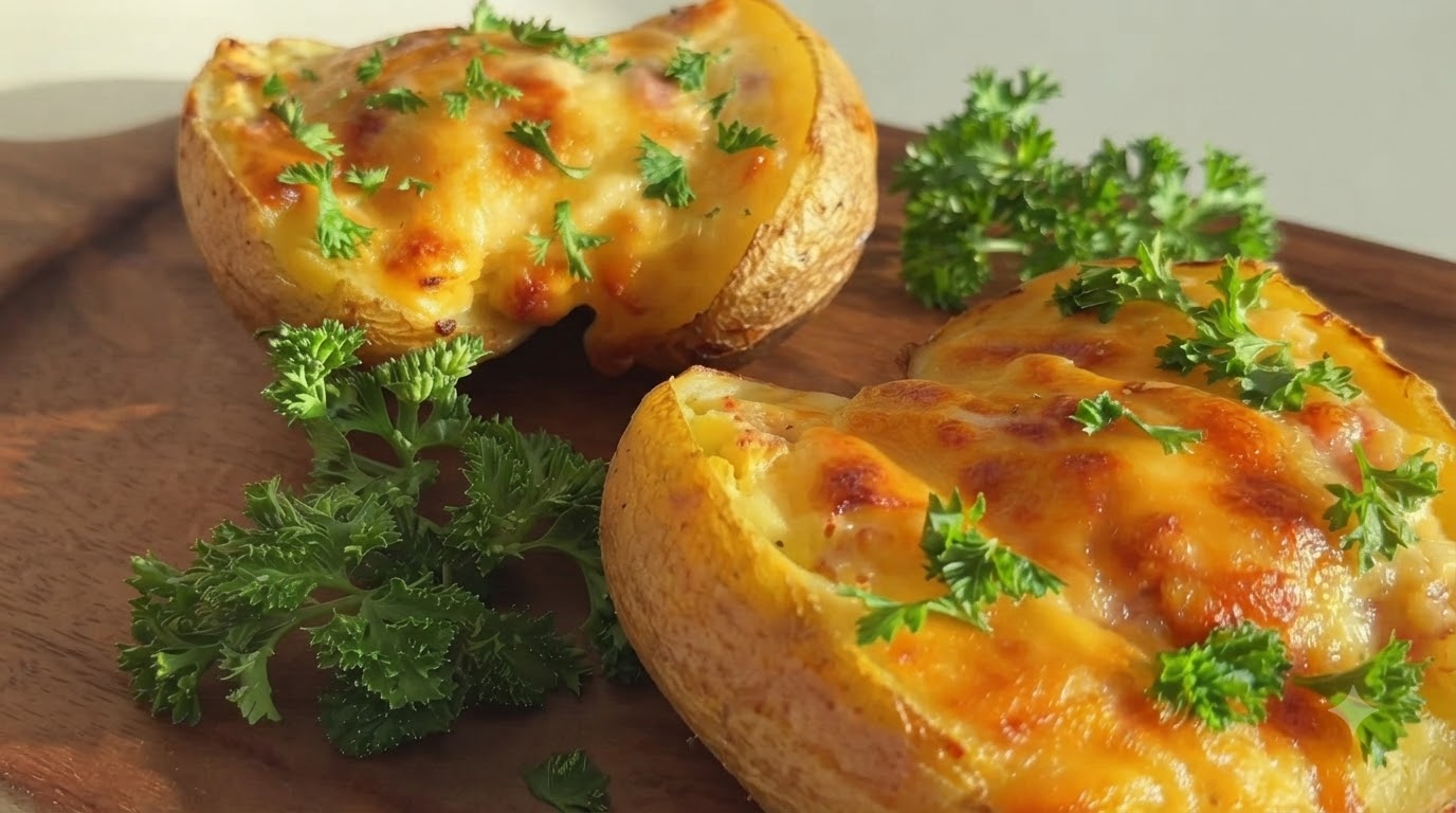 Dos mitades de una papa rellena horneada sobre una tabla de madera, cubiertas con queso derretido y perejil fresco.