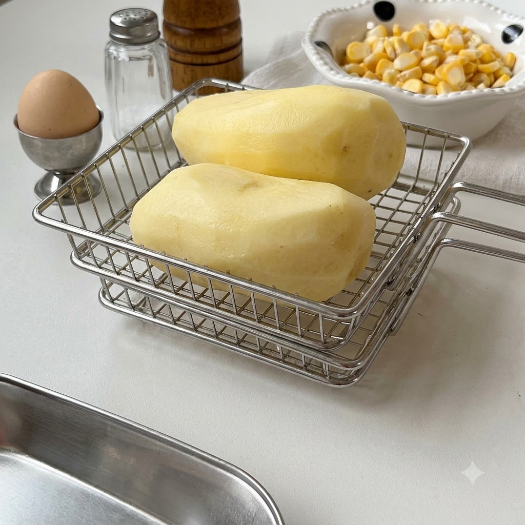 Patatas crudas peladas en una rejilla junto a un bol de maíz dulce y un huevo entero sobre una superficie blanca.