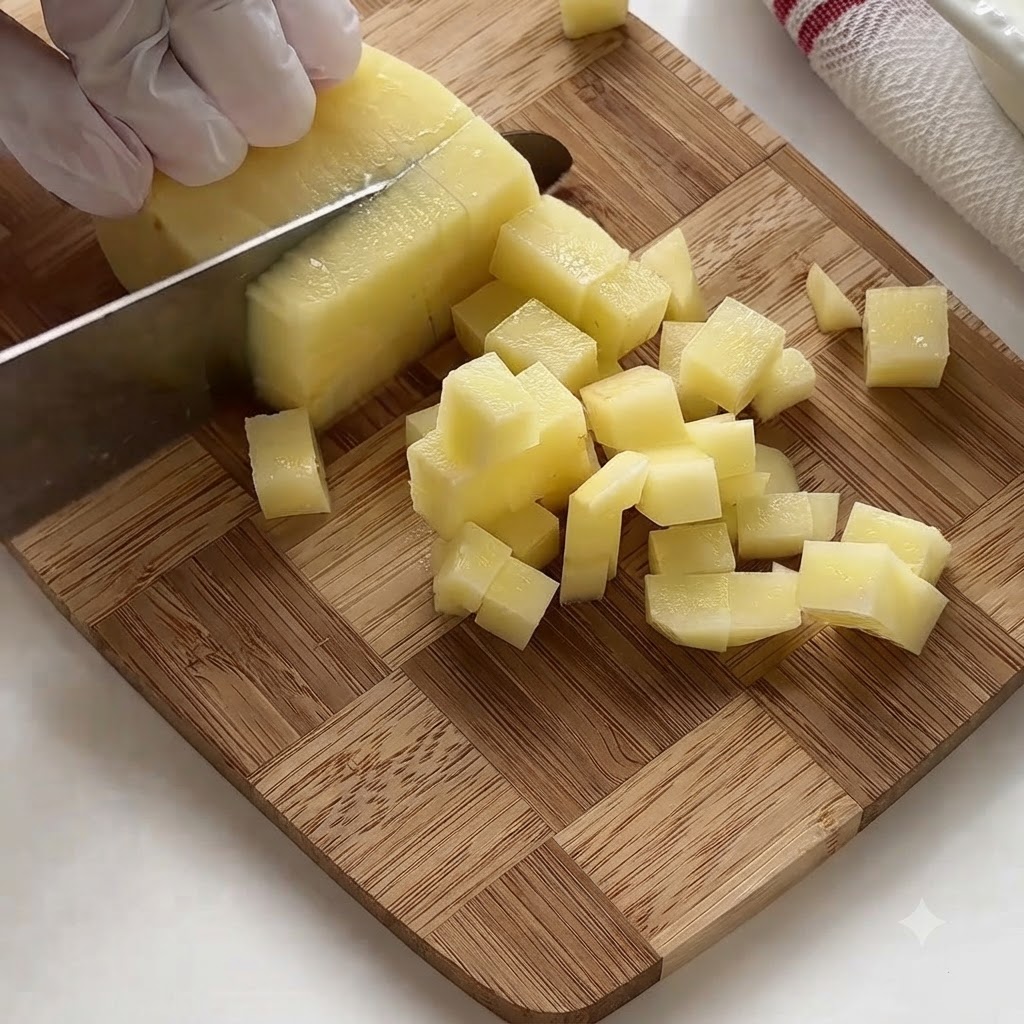 Manos con guantes cortando patatas crudas en pequeños cubos sobre una tabla de cortar de madera.
