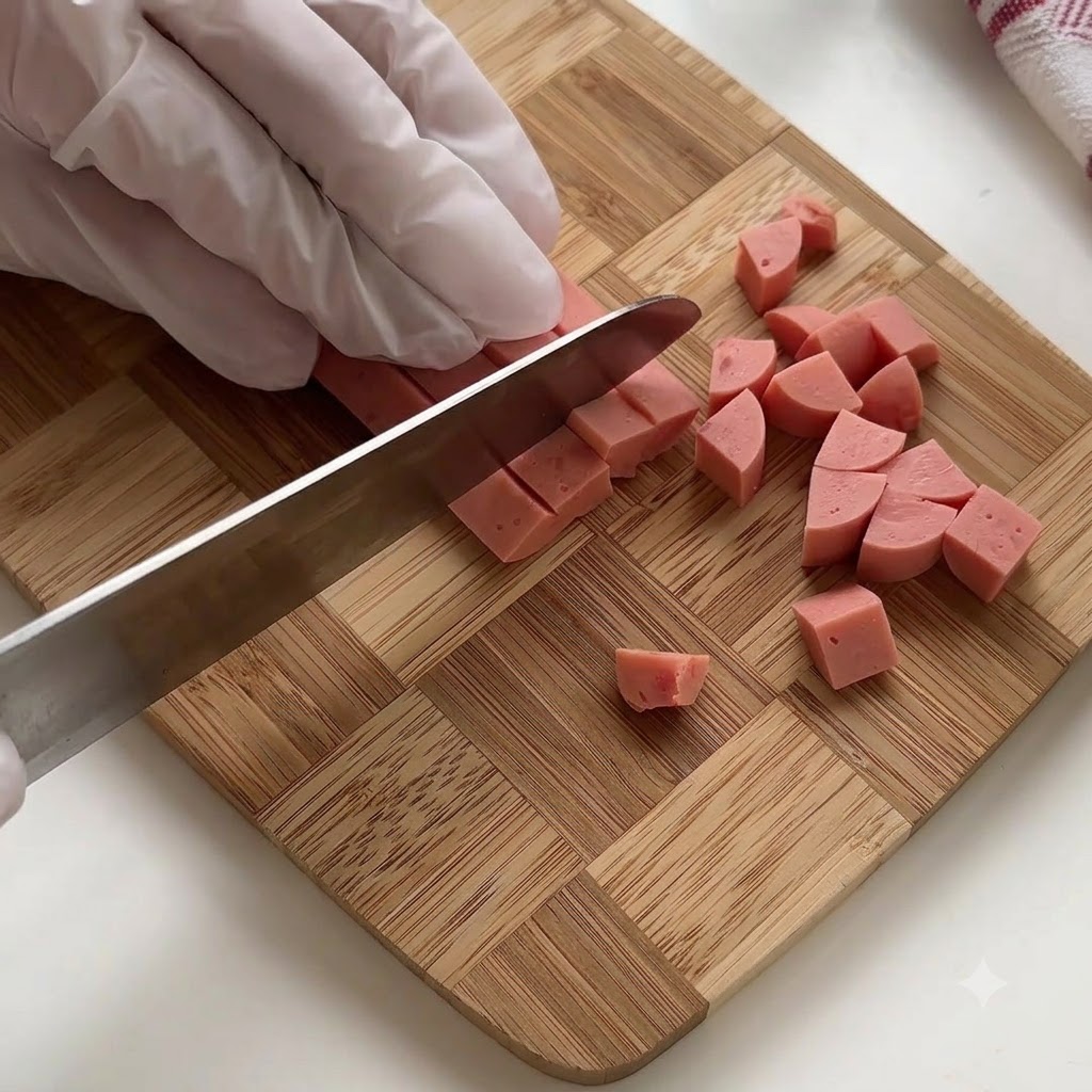 Una mano con guante cortando una salchicha rosa en rodajas pequeñas sobre una tabla de madera.