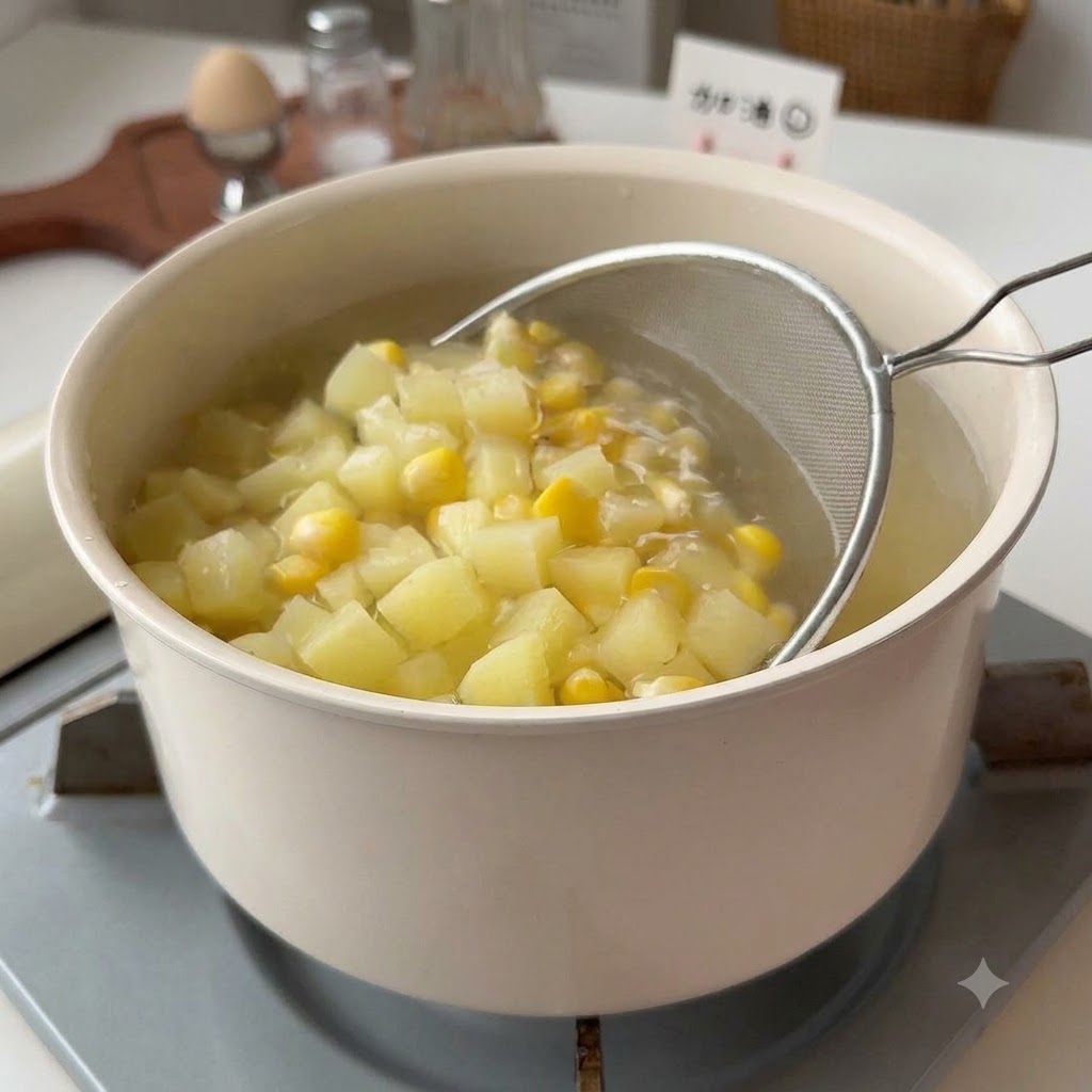 Un colador de malla sacando trozos cocidos de patata y maíz de una olla con agua.