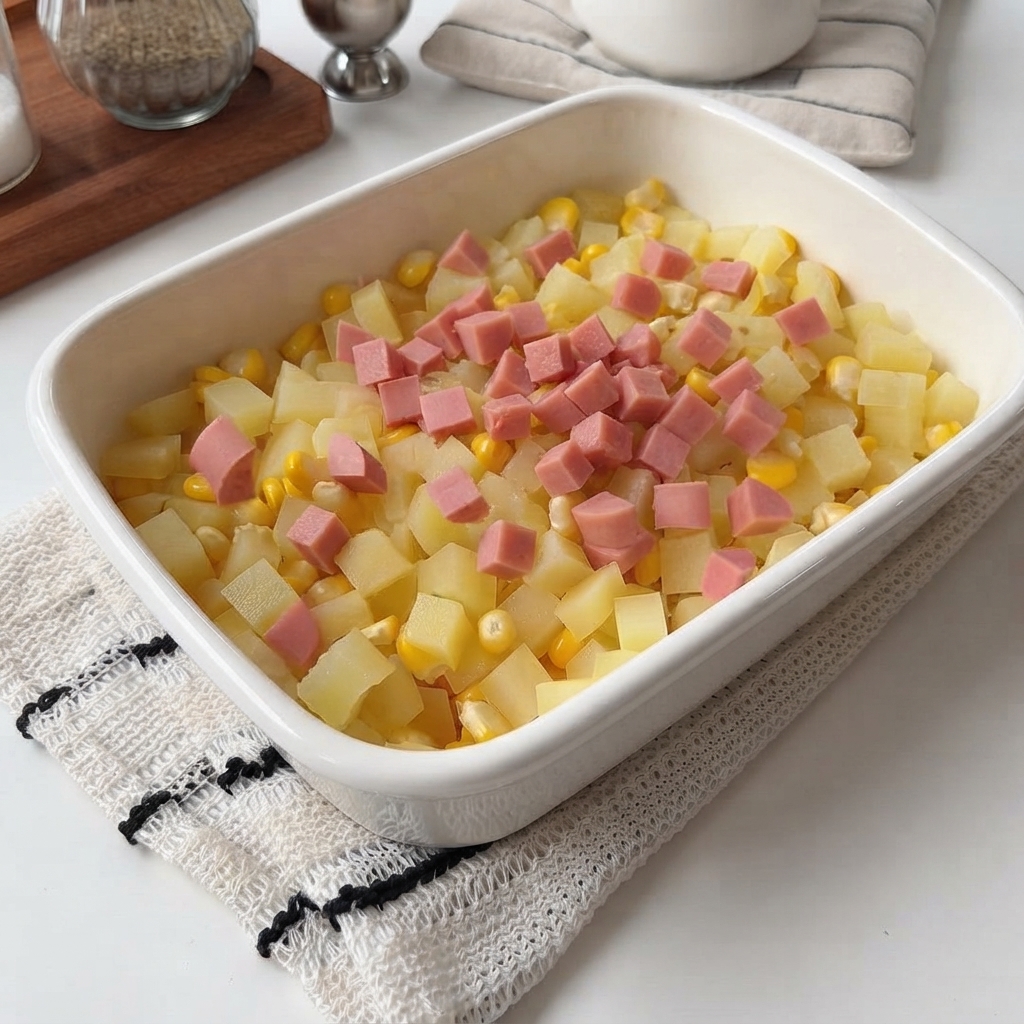 Un recipiente blanco de horno lleno de patatas cocidas, maíz y trozos de jamón en daditos.
