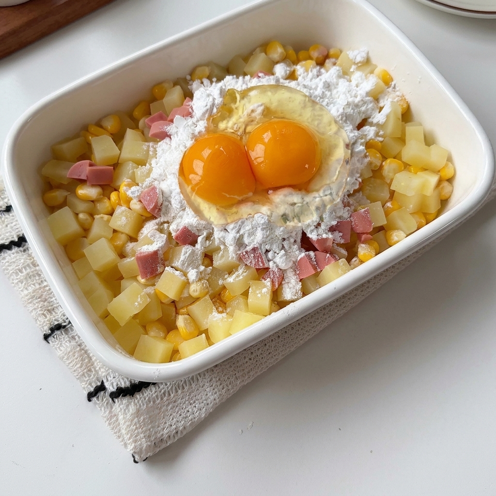 Dos huevos enteros y pimienta negra sobre la mezcla de patata y maíz dentro del recipiente blanco.