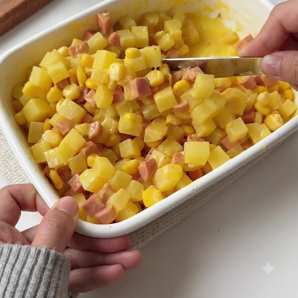 Una espátula removiendo y mezclando todos los ingredientes dentro del recipiente blanco.
