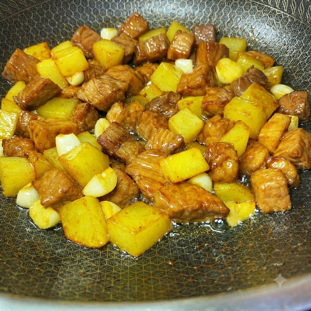 Especias como chile rojo en polvo, comino y semillas de sésamo espolvoreadas sobre el cerdo y las patatas en un wok.