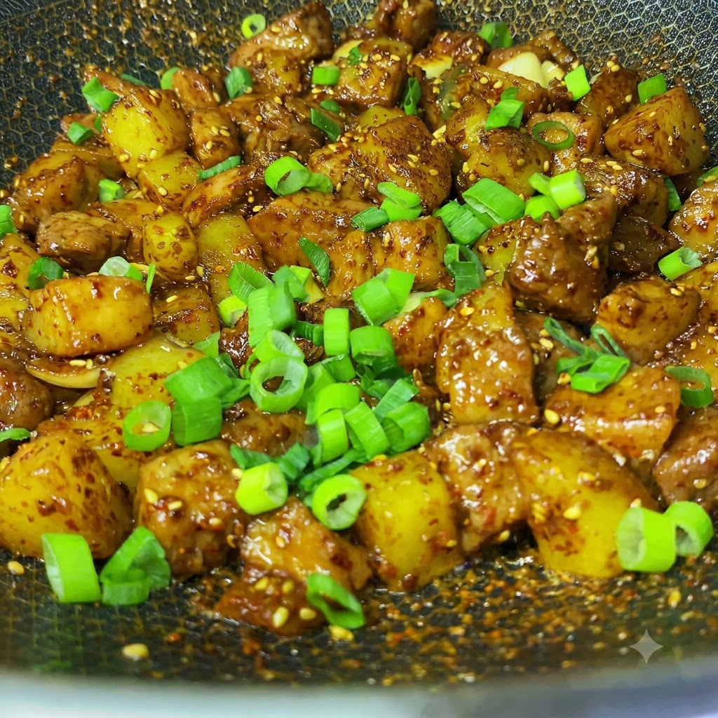 Cebollinos verdes frescos picados esparcidos sobre los cubos de cerdo y patata asados al comino terminados en un wok.