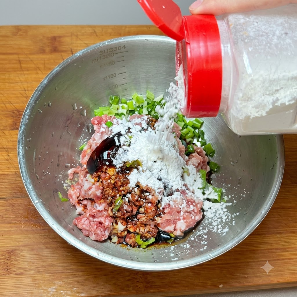 Vertiendo condimentos y maicena en un bol con carne picada y cebolla verde.