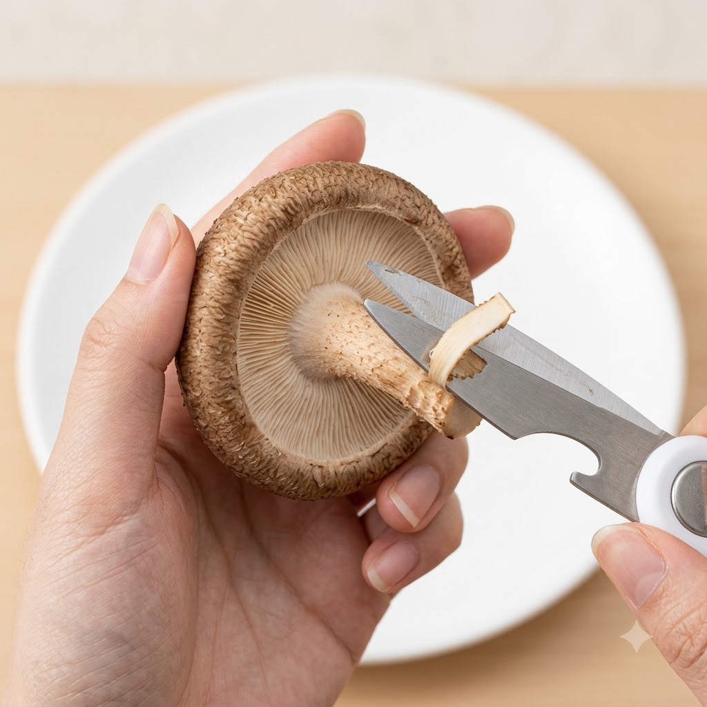 Manos usando tijeras de cocina para cortar el tallo de una seta shiitake fresca.
