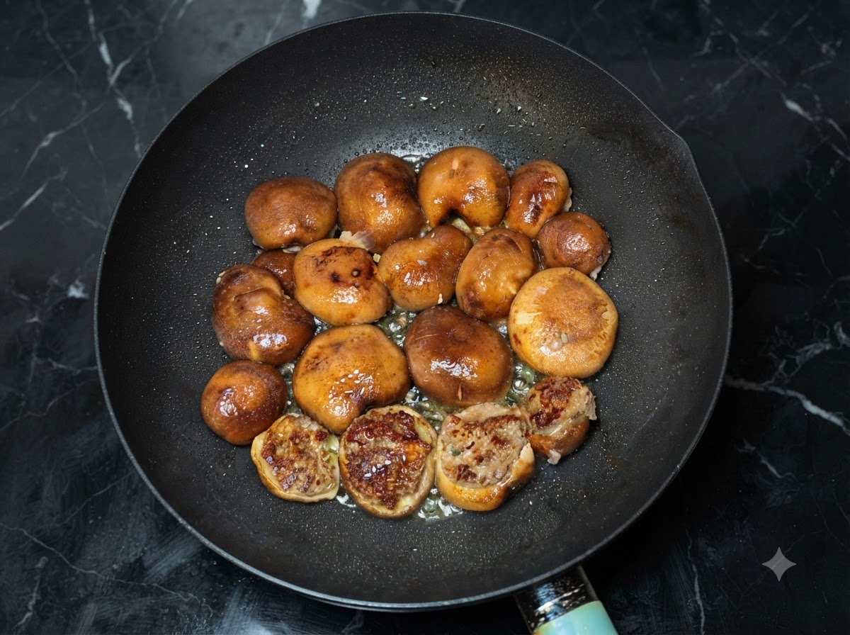 Setas shiitake friéndose en un wok con algunas piezas ya volteadas mostrando la carne dorada.