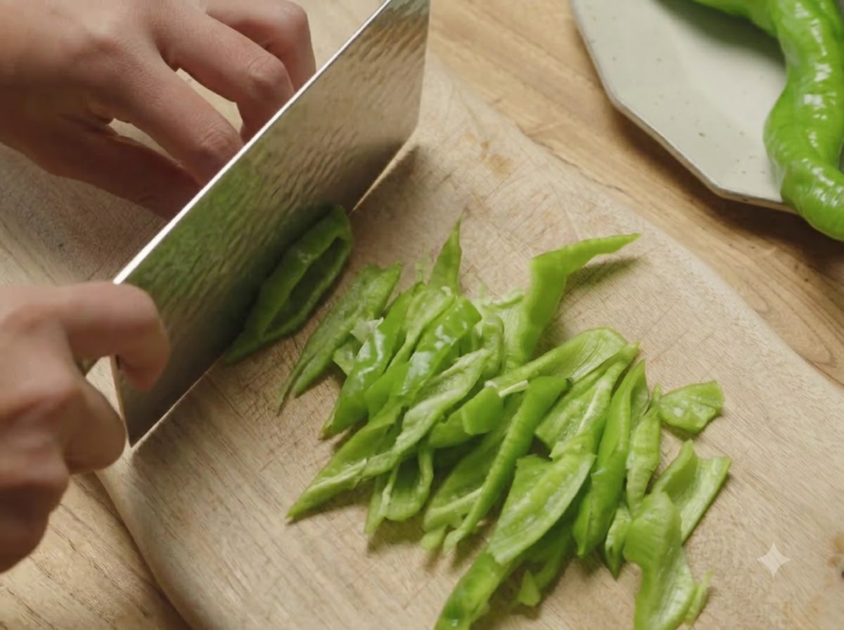 Pimientos verdes en espiral siendo cortados en trozos diagonales sobre una tabla de madera con un cuchillo de carnicero.