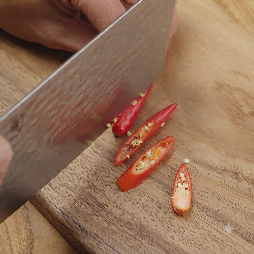 Pequeños chiles rojos siendo cortados en diagonal sobre una tabla de cortar de madera con un cuchillo grande.