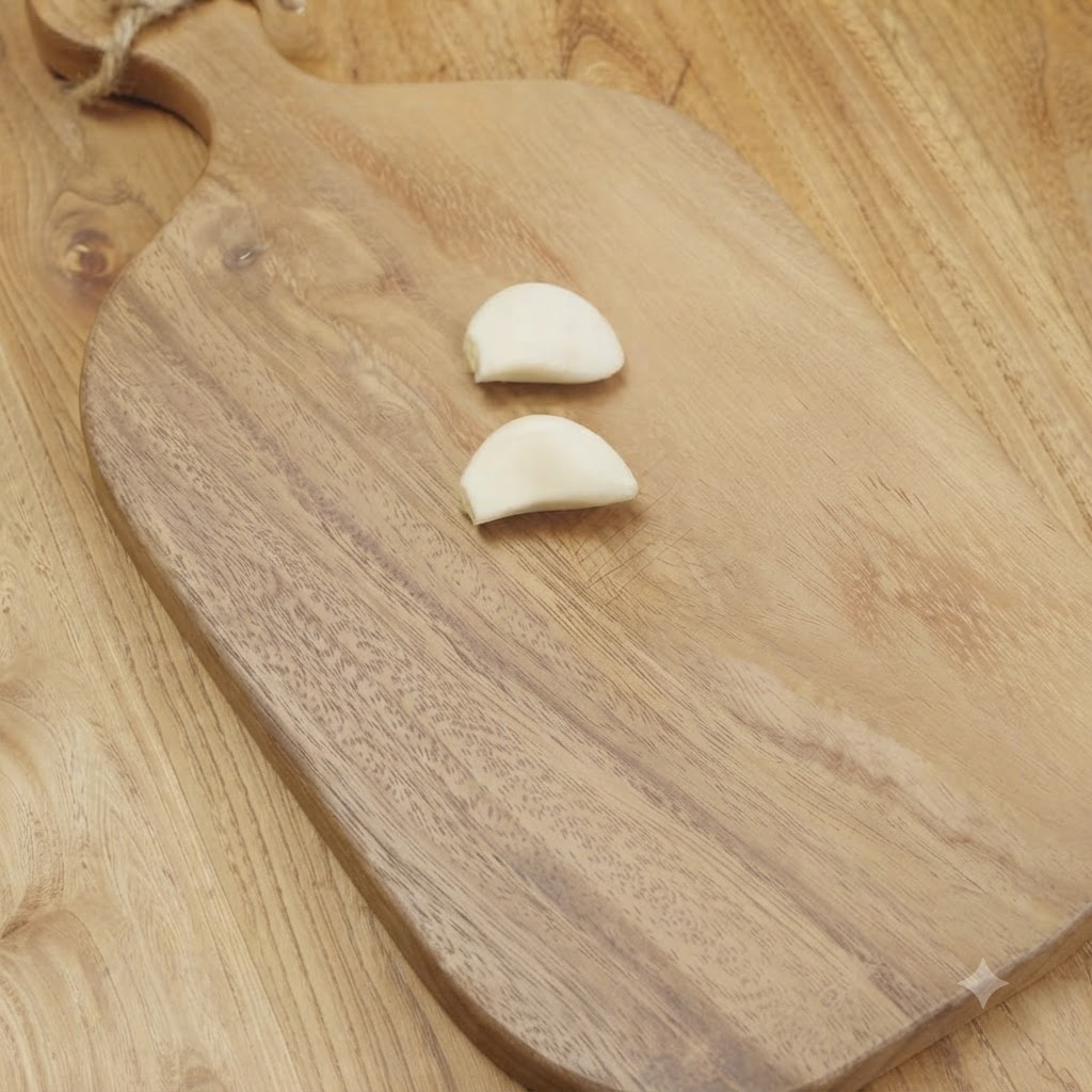 Dientes de ajo pelados descansando sobre una tabla de cortar de madera antes de ser machacados.