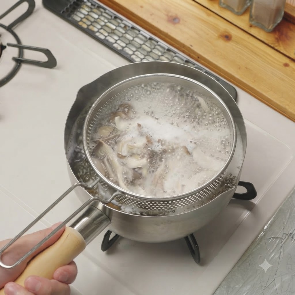 Setas de ostra desmenuzadas siendo levantadas de una olla con agua hirviendo con un colador de alambre.