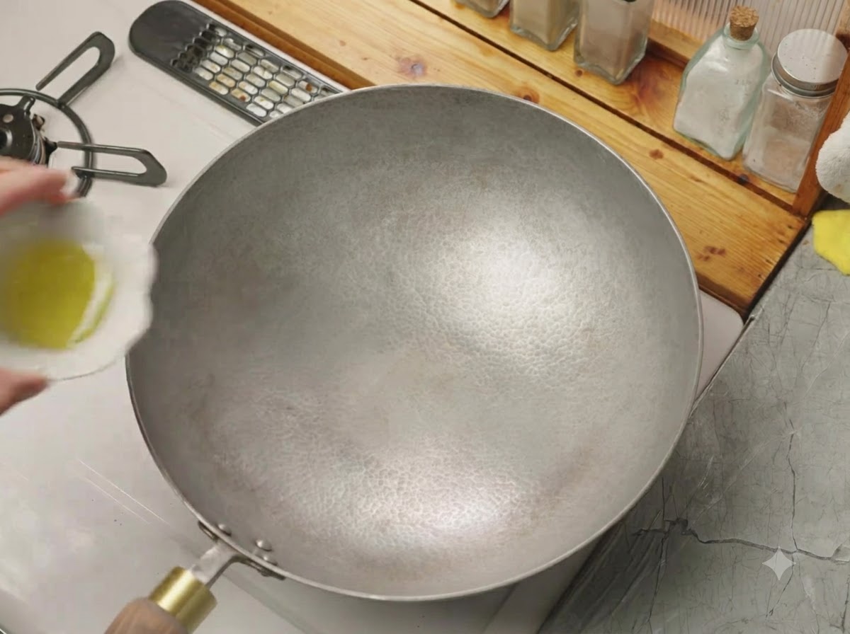 Un pequeño cuenco vertiendo aceite de cocina en un wok caliente y vacío.