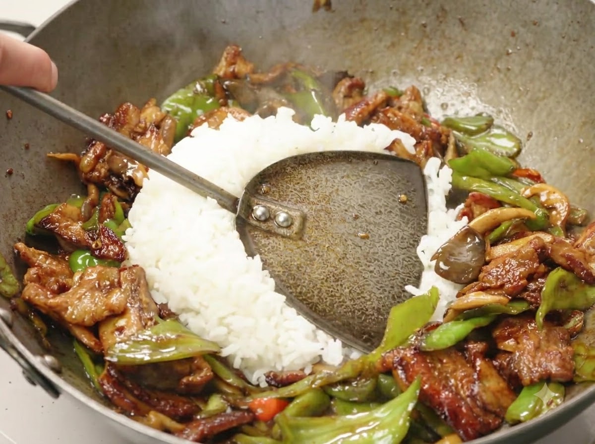 Una cucharada de arroz blanco siendo mezclada en el centro del plato terminado salteado en un wok.