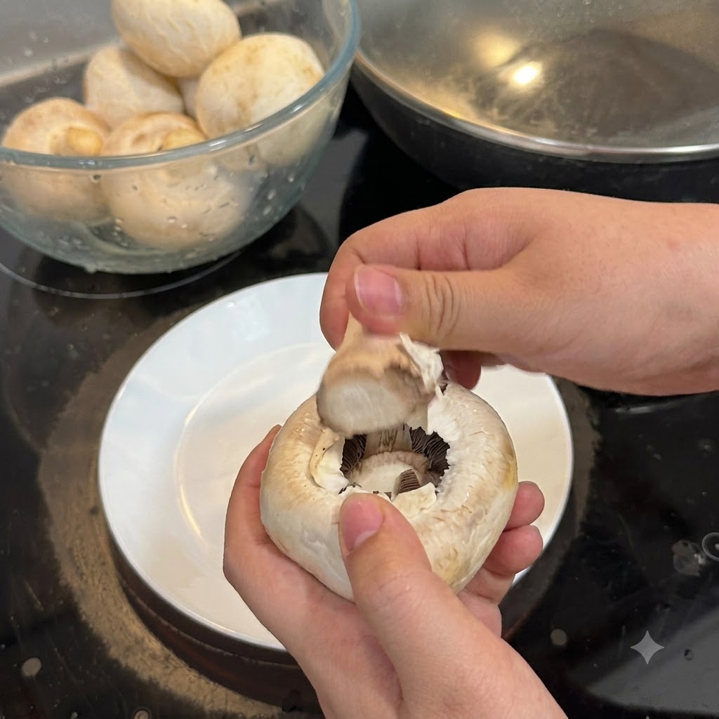 Primer plano de unas manos pelando la capa exterior de un champiñón blanco sobre un plato blanco.