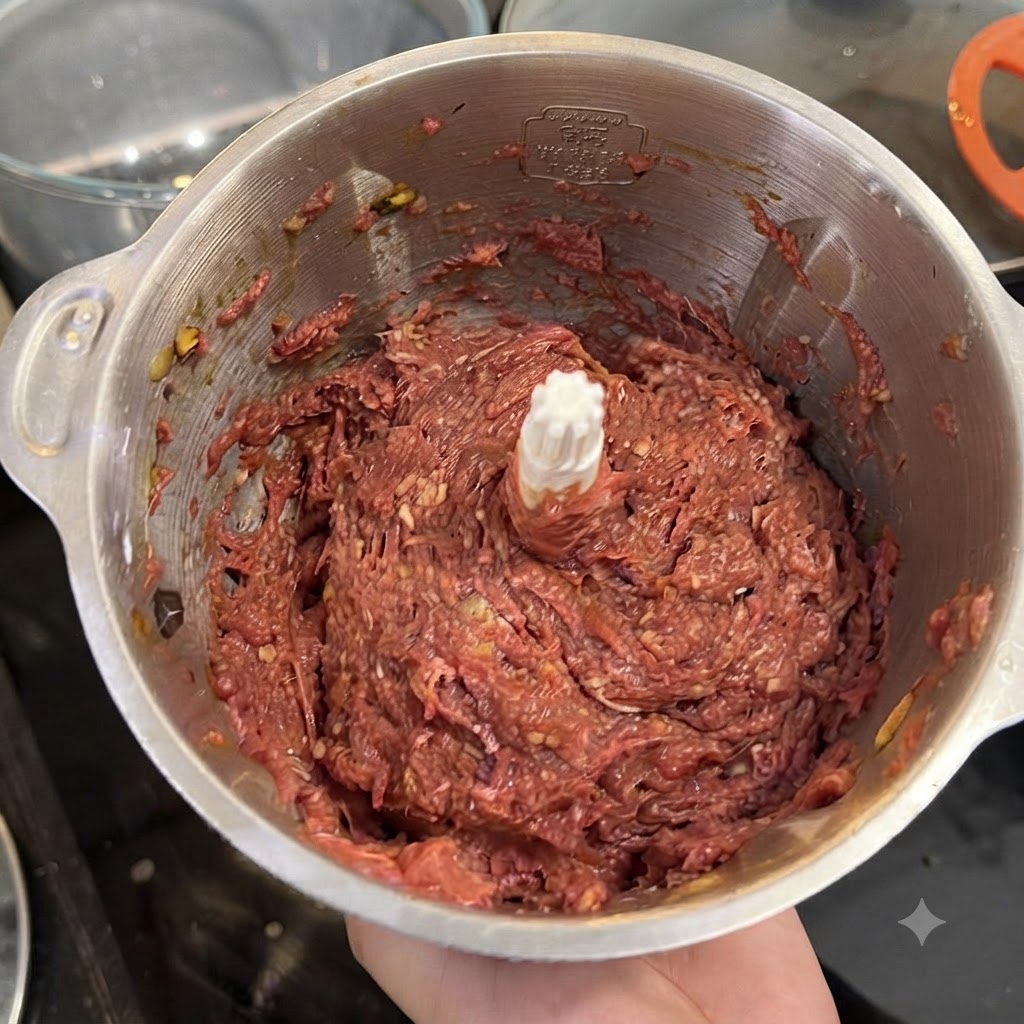 Vista cenital de un tazón de procesador de alimentos de acero inoxidable lleno de una pasta de carne de color rojo oscuro finamente triturada.