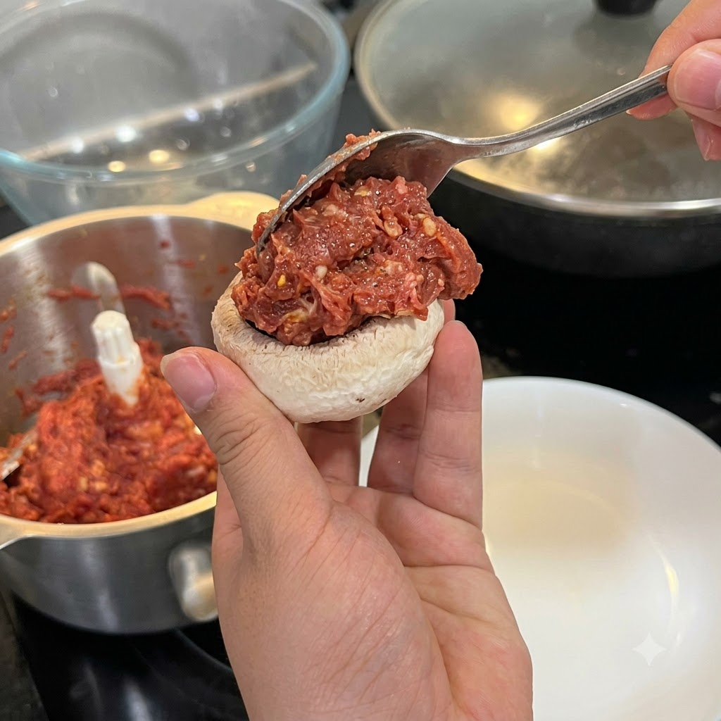 Una mano sostiene el sombrero de un champiñón blanco mientras una cuchara le añade un montón de pasta de carne cruda.
