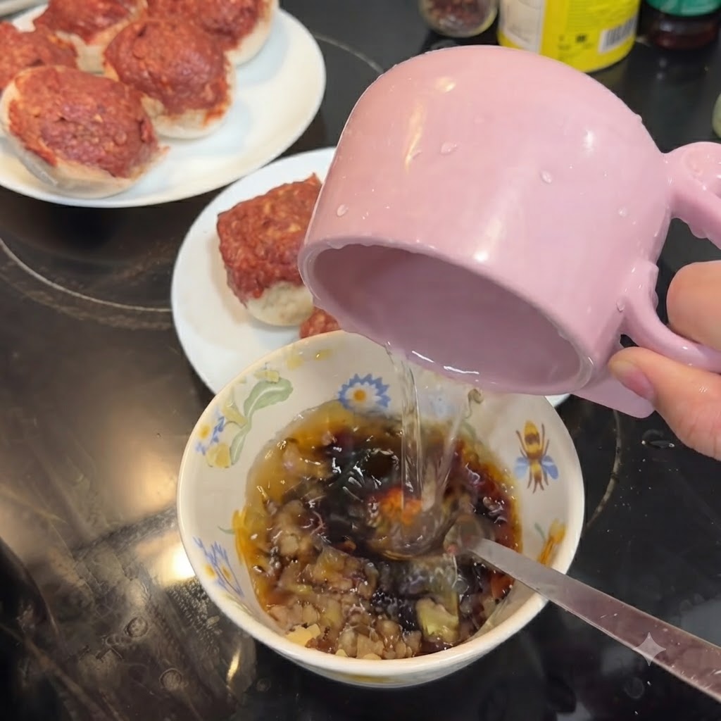 Un cuenco de cerámica estampada que contiene una salsa oscura y ajo picado mientras se vierte agua limpia de una jarra rosa.