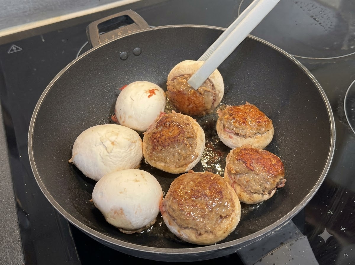 Unas pinzas con punta de silicona dan la vuelta a un champiñón relleno en una sartén, mostrando la carne dorada.