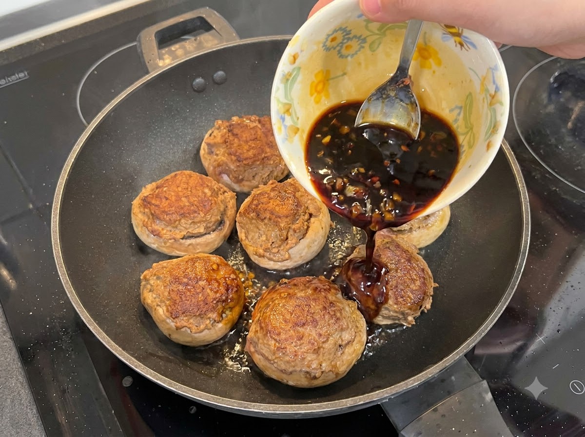 Un cuenco vertiendo salsa oscura de ajo sobre champiñones rellenos sellados en una sartén.