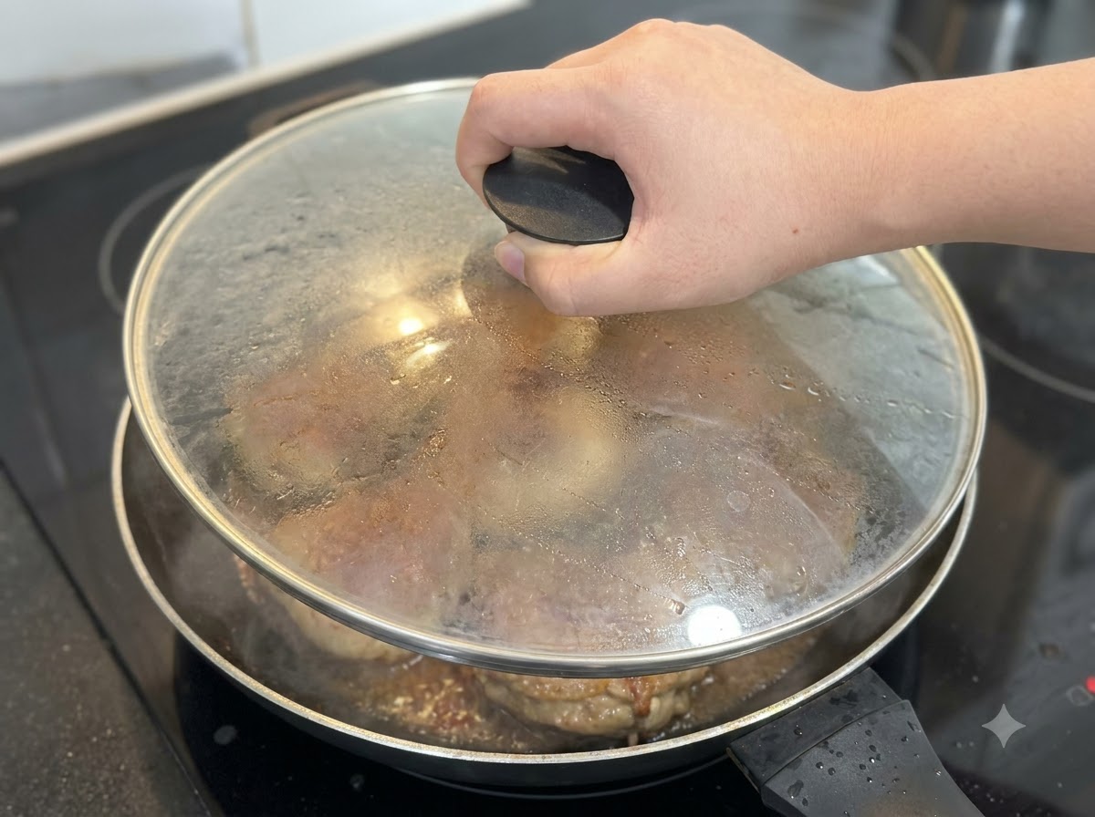 Una tapa de cristal se coloca encima de una sartén para cubrir unos champiñones rellenos que se cocinan a fuego lento.