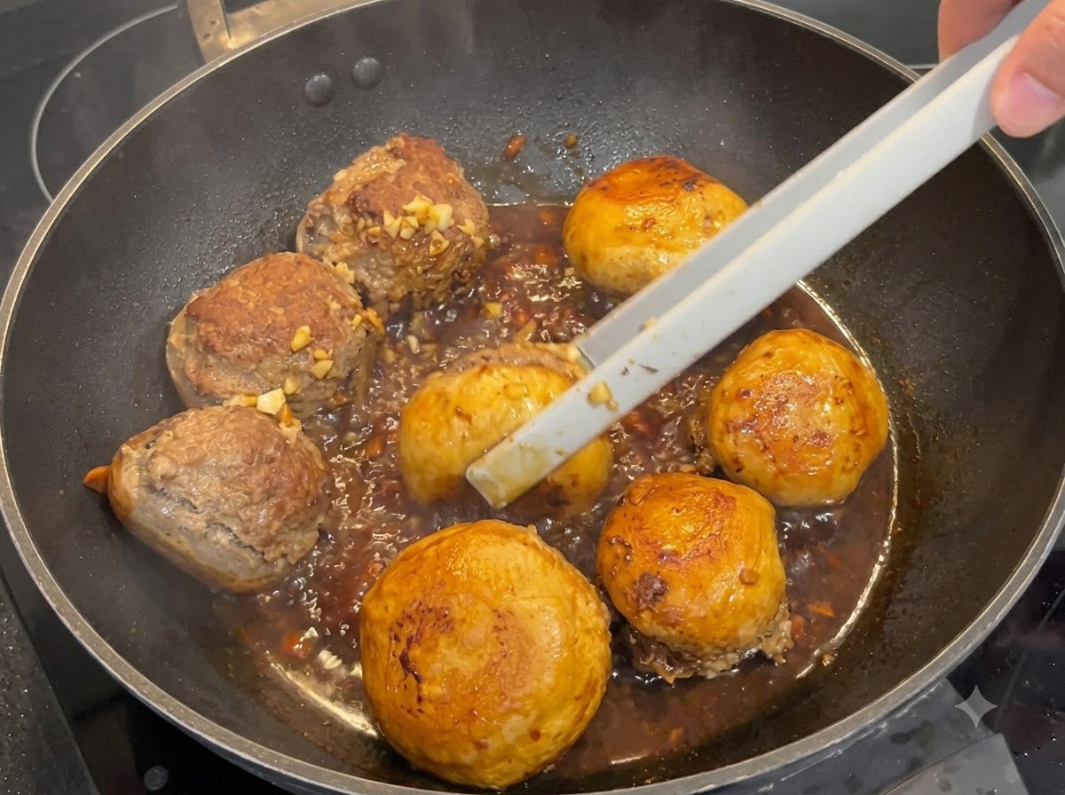 Pinzas volteando champiñones rellenos que se cocinan a fuego lento en una salsa oscura que se espesa.