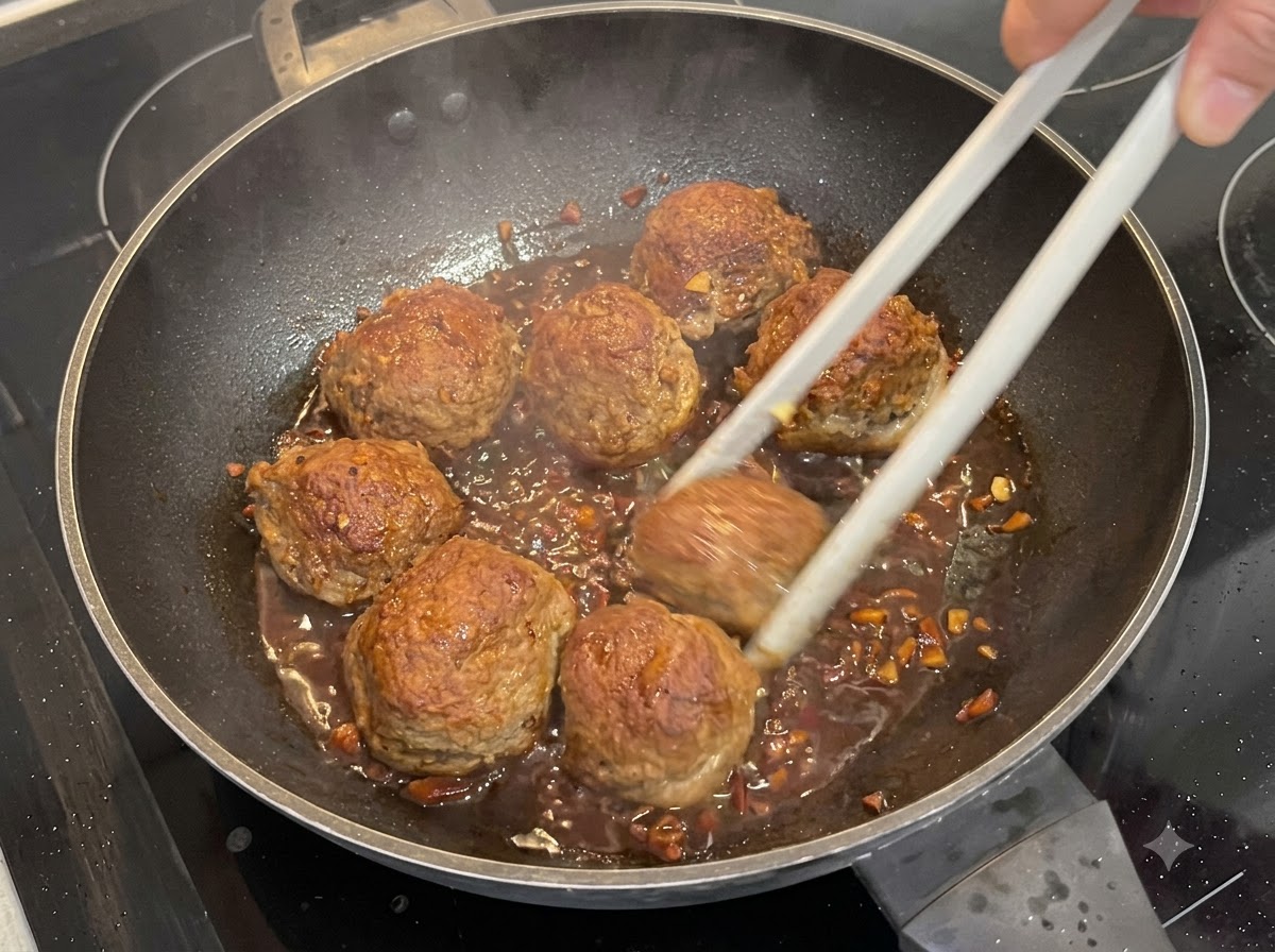 Semillas de sésamo blanco y cebolleta picada espolvoreadas desde un salero sobre champiñones rellenos glaseados que se cocinan en una sartén.