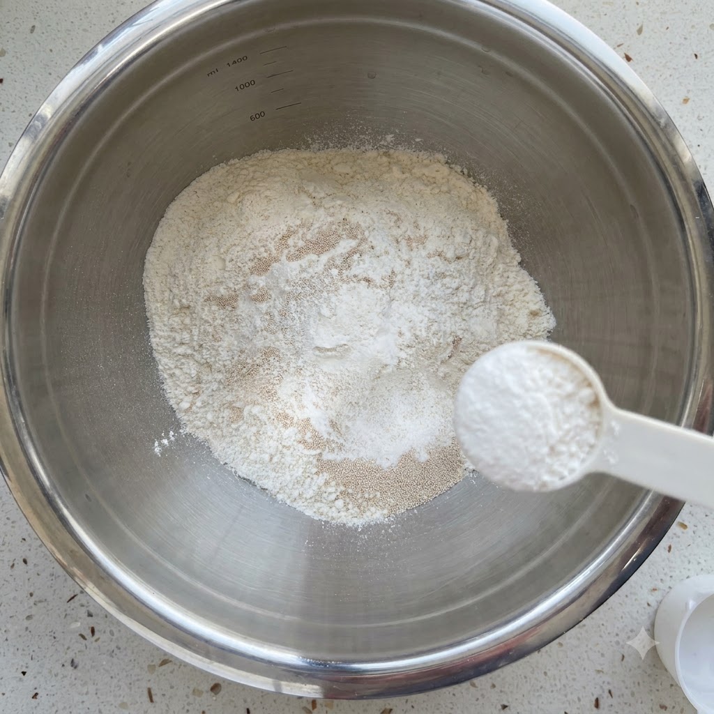 Ingredientes secos y una cuchara medidora dentro de un tazón grande de acero inoxidable con agua añadida.