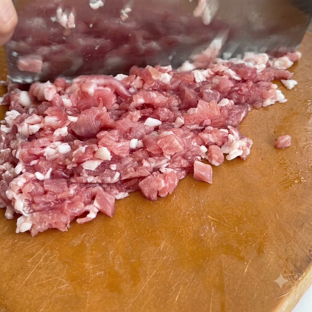 Carne de cerdo cruda siendo cortada en trozos pequeños con una cuchilla en una tabla de cortar de madera.